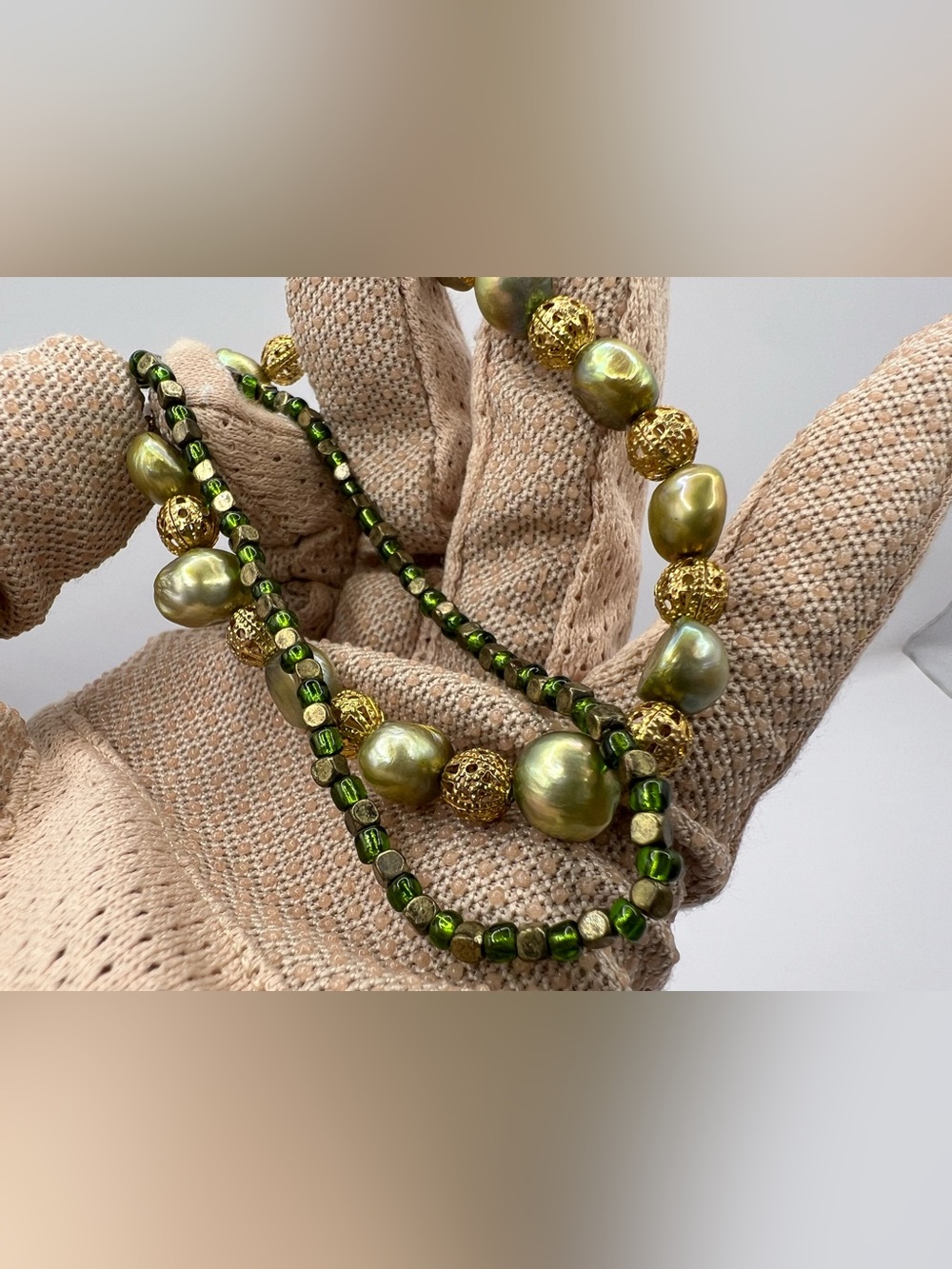 Genuine Olive Green Cultured Pearl Bracelet Set Gold Filigree Boho Stack 2Pc